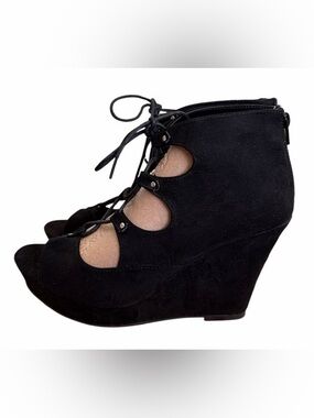 NWT- Sugar Black Suede Lace-Up Peep-Toe Wedges